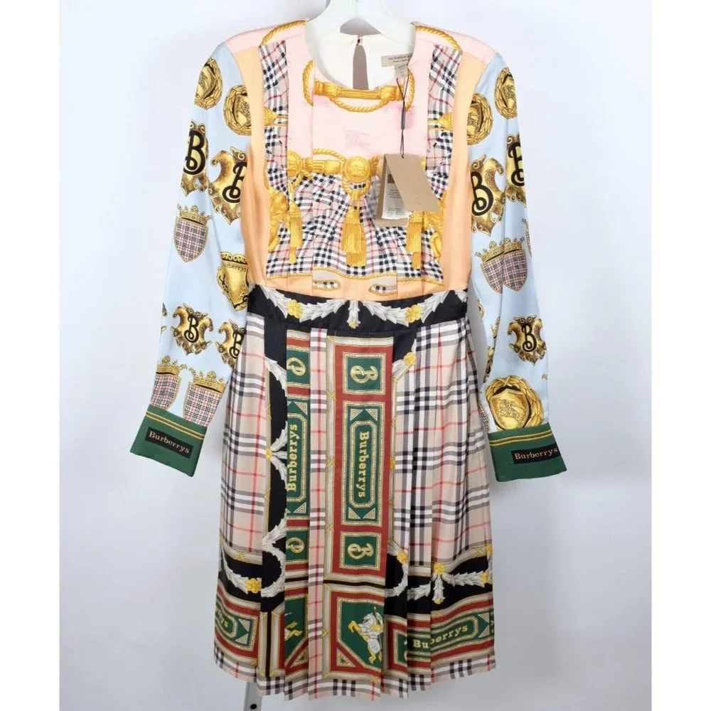 New Burberry Isidora Archive Scarf Print dress US 2 pleated silk